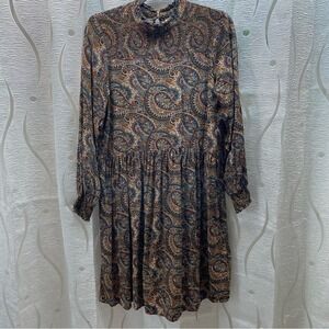Soyaconcept Paisley Smocked Mock Neck Dress Womens‎ S Brown Blue Boho Babydoll